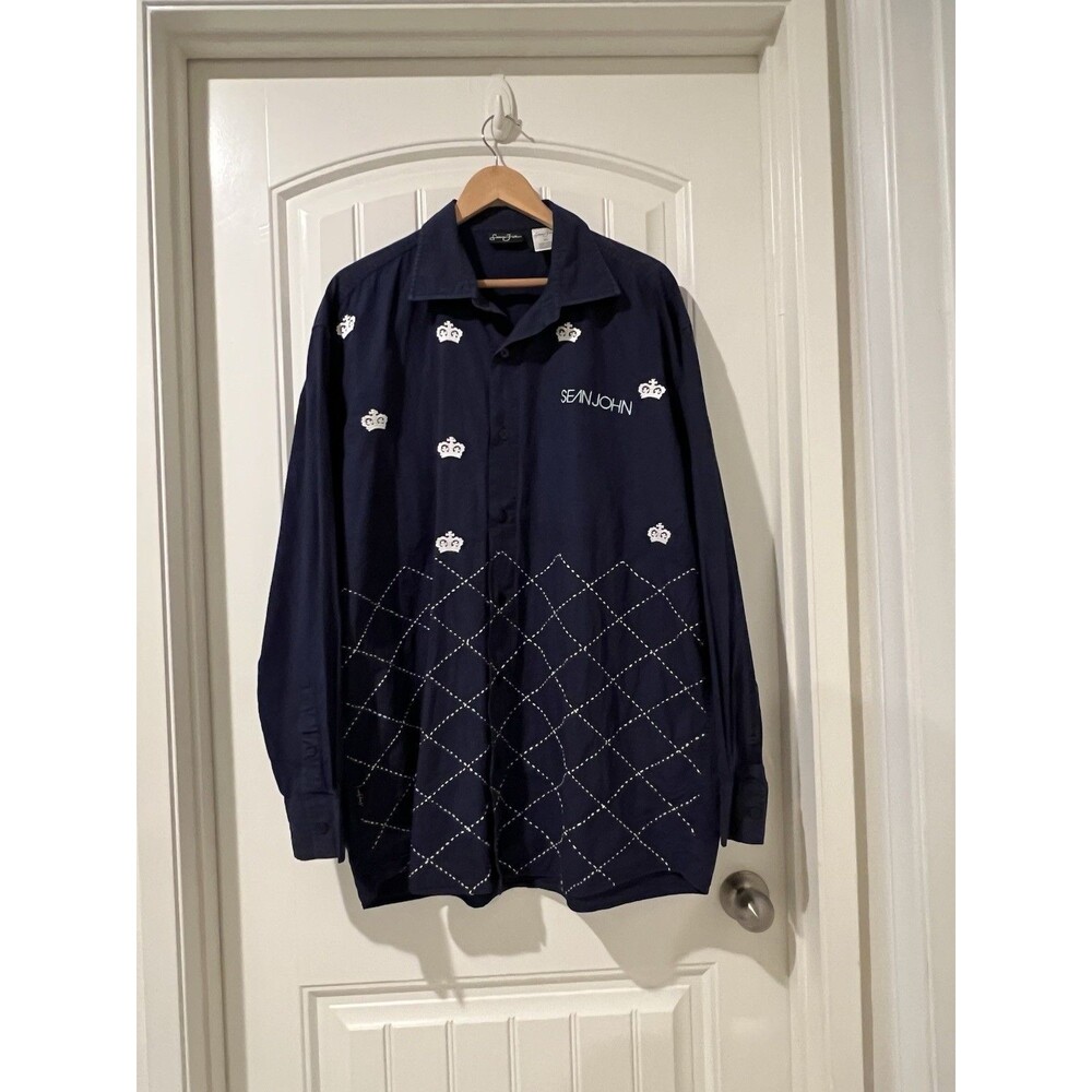 Vintage Sean Jean Chemise Embroidered Crown Blue Long Sleeve Shirt Men’s XL